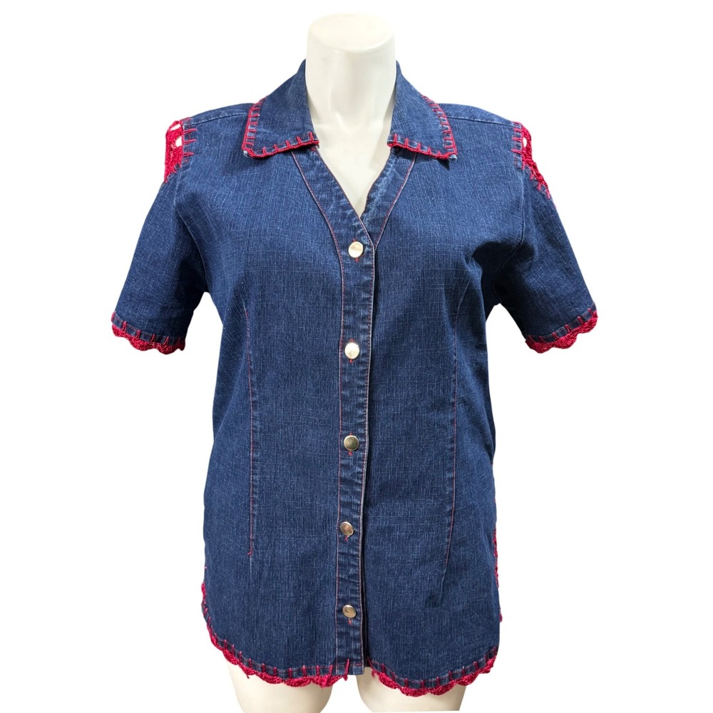 Erica Brooke Vintage Blue Denim Shirt Red Crochet Trim Short Sleeve Plus Size 14